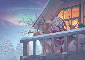 Картинка аниме зима +новый+год +рождество девушка