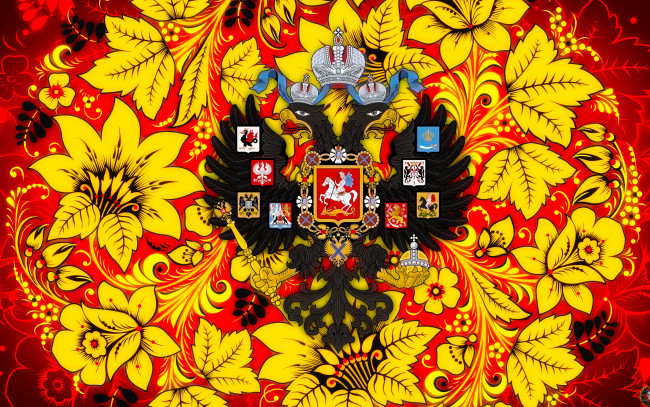 Обои картинки фото разное, флаги,  гербы, стиль, цветы, двуглавый, орёл, хохлома, арт, роспись, россия, орел, фон