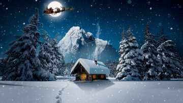 Картинка праздничные -+разное+ новый+год санта клаус олени гора следы снег огни дом деревья
