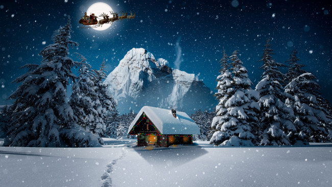 Обои картинки фото праздничные, - разное , новый год, санта, клаус, олени, гора, следы, снег, огни, дом, деревья