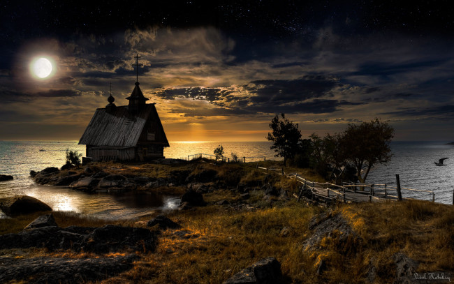 Обои картинки фото города, - православные церкви,  монастыри, природа, озеро, ночь