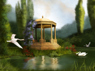 Картинка 3д графика nature landscape природа пруд озеро лебедь