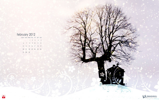 Обои картинки фото календари, рисованные, векторная, графика, дерево, зима, дом
