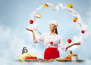 Картинка разное компьютерный дизайн девушка шатенка повар кухня овощи помидоры перчики яйца молоко капуста улыбка