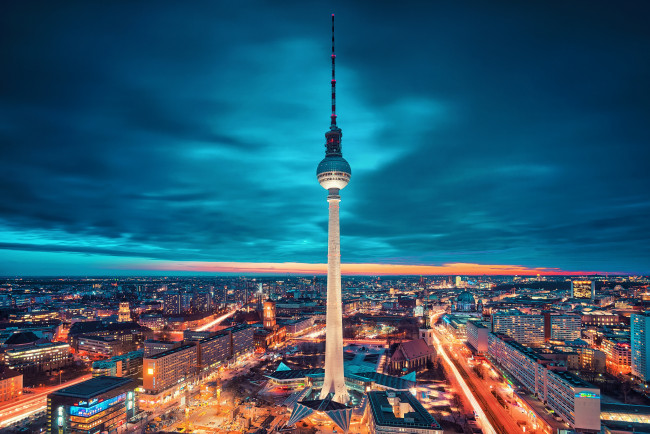 Обои картинки фото города, берлин, германия, панорама, ночь, телебашня