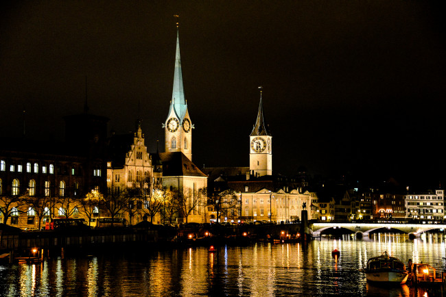 Обои картинки фото города, цюрих, швейцария, огни, река, ратуша, ночь