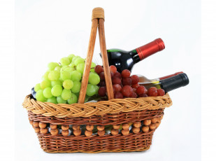 обоя еда, виноград, корзинка, вино, бутылки