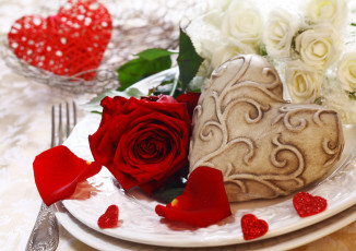 обоя праздничные, день святого валентина,  сердечки,  любовь, тарелка, сердце, роза