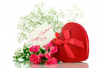 обоя праздничные, день святого валентина,  сердечки,  любовь, коробка, пожелание, розы, записка, лента