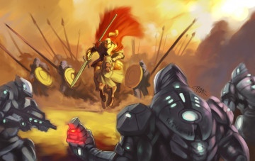 Картинка фэнтези люди роботы рыцарь воин всадник сражение атака