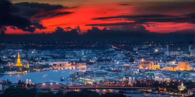 Обои картинки фото города, бангкок , таиланд, река, ночь, храмы