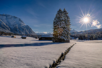 Картинка природа зима поле солнце снег