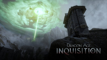 обоя видео игры, dragon age iii,  inquisition, небо, тучи, магия, скалы, горы, dragon, age, inquisition, луч, замок