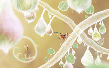Картинка фэнтези существа botanicula ветки персонажи гриб желудь прутик листочки пчела