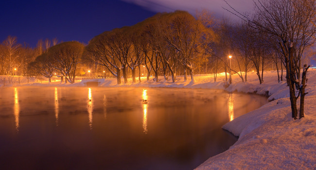 Обои картинки фото природа, парк, деревья, снег, зима, ночь, огни, озеро
