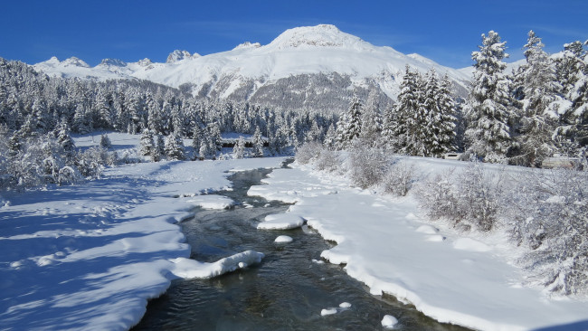 Обои картинки фото природа, зима, река, горы, сугробы, снег, ели