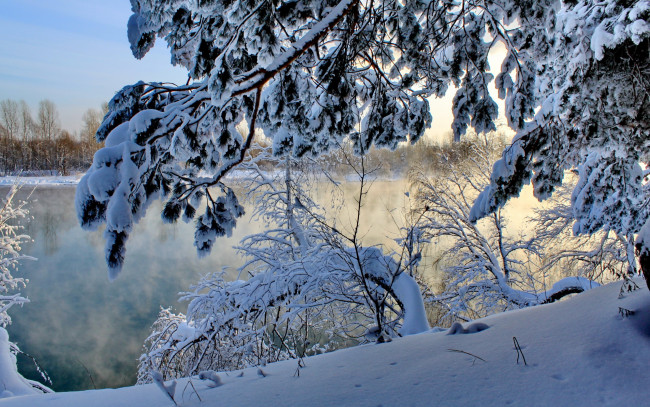 Обои картинки фото природа, зима, река, снег, ветки, утро, туман