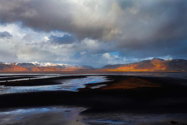 Обои картинки фото природа, реки, озера, iceland, vestur-skaftafellssysla, исландия, округ, вестюр-исафьярдарсисла, горы, отмель, отлив