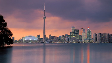 Картинка города торонто+ канада дома закат вечер башня здания город торонто вода огни
