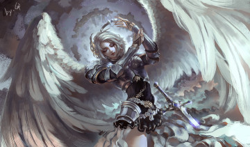 Картинка фэнтези ангелы kusi de san gu арт ангел девушка корона меч