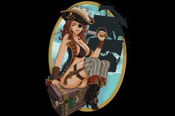 Картинка рисованное комиксы пират сабля фон сундук девушка