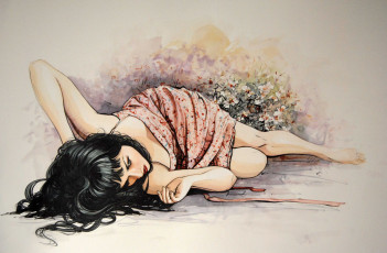 Картинка рисованное живопись цветы фон девушка