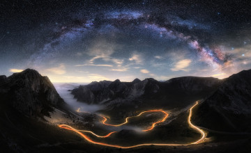 Картинка природа дороги звезды свет горы путь ночь млечный небо