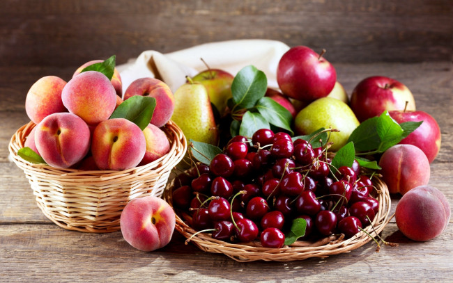 Обои картинки фото еда, фрукты,  ягоды, яблоки, персики, груши, вишни