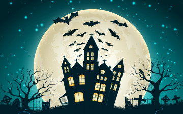 обоя праздничные, хэллоуин, halloween, кладбище, дом, луна, мыши, ночь