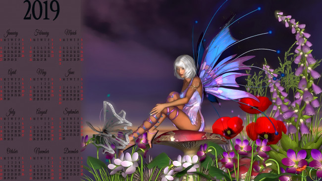 Обои картинки фото календари, 3д-графика, гриб, девушка, фея, бабочка, крылья, цветы