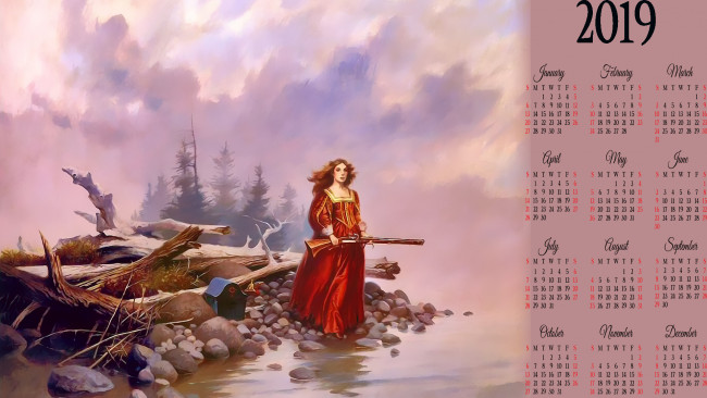 Обои картинки фото календари, фэнтези, водоем, девушка, оружие