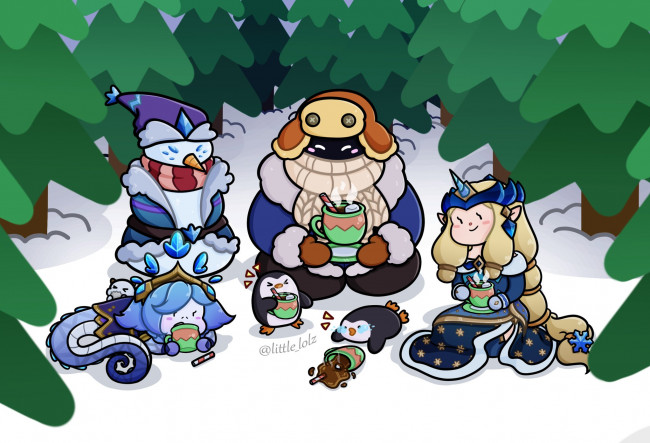 Обои картинки фото видео игры, league of legends, bard, soraka, лес, снеговик, пингвины