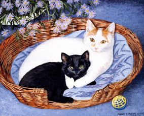 обоя рисованное, persis clayton weirs, кошки, корзина, цветы