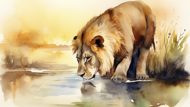 Обои картинки фото рисованное, животные, лев, вода, природа