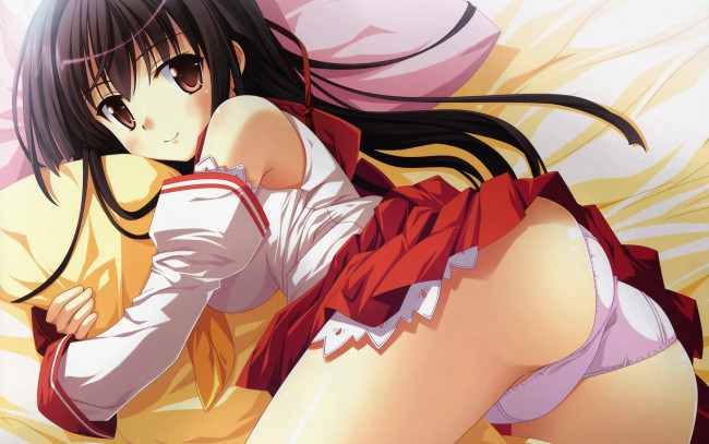Обои картинки фото akaruji, gakuen, game, аниме, *unknown, другое, arupiji, девушка, кровать, падушка, попка