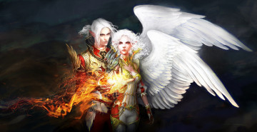 Картинка фэнтези ангелы огонь крылья девушка парень магия
