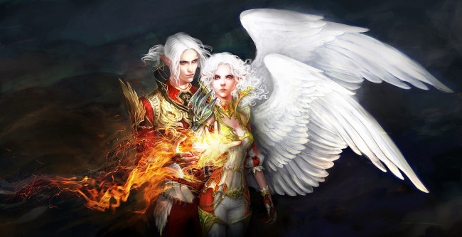 Обои картинки фото фэнтези, ангелы, огонь, крылья, девушка, парень, магия