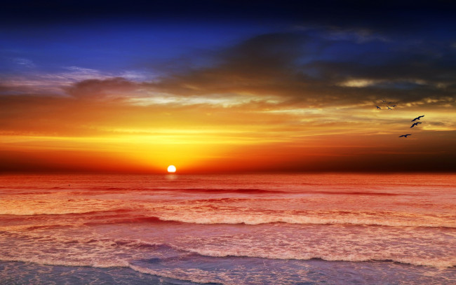 Обои картинки фото природа, восходы, закаты, океан, багровый, закат, волны, тучи
