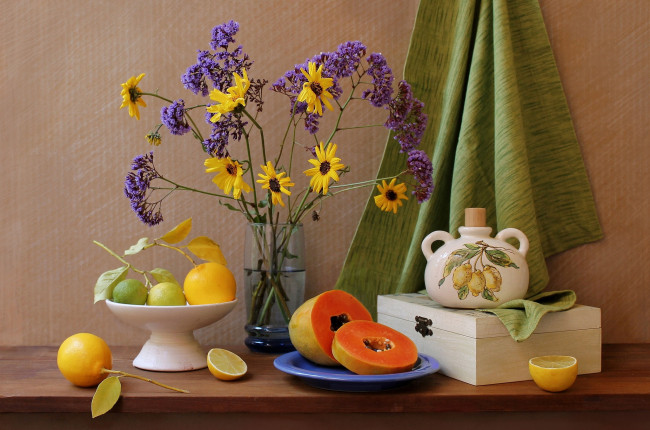 Обои картинки фото еда, натюрморт, папайя, лимоны, букет