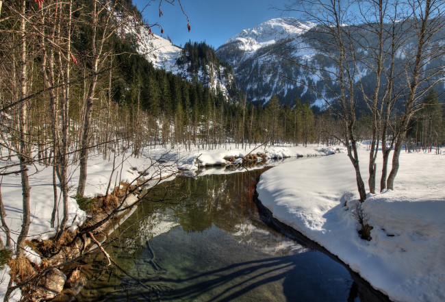 Обои картинки фото природа, реки, озера, деревья, река, вода, зима, снег