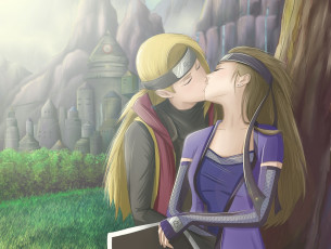 Картинка аниме naruto девушка поцелуй дейдара блондин парень подрывник акатцки арт наруто водопад ствол трава город