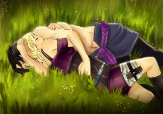 Картинка аниме naruto трава верёвка объятия парень блондинка наруто брюнет девушка саске арт