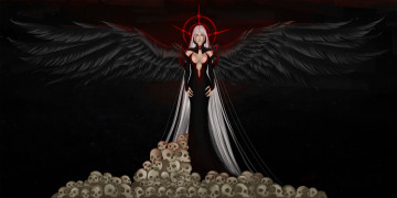 Картинка фэнтези ангелы фон волосы взгляд лицо ангел черные крылья платье черепа