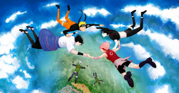 Картинка аниме naruto небо саске сай сакура какаши ямато облака в полёте наруто