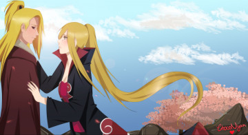 Картинка аниме naruto сакура лепестки блондин арт облака пара акатцки блондинка небо девушка парень
