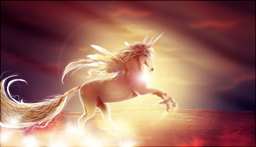 Картинка фэнтези единороги арт фон крылья единорог конь закат