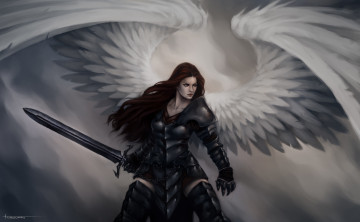 обоя фэнтези, ангелы, ангел, крылья, меч, воин, доспехи, девушка