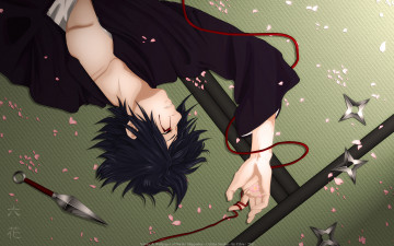 Картинка аниме naruto наруто лепестки кунай грусть лежит красная лента сюрикены саске