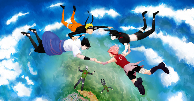 Обои картинки фото аниме, naruto, небо, саске, сай, сакура, какаши, ямато, облака, в, полёте, наруто
