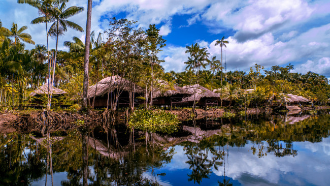 Обои картинки фото природа, тропики, река, джунгли, бунгало